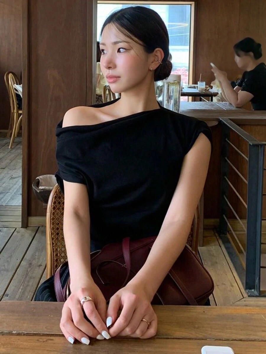 DAZY T-shirt femme à épaules dénudées, couleur unie, manches courtes, pour le printemps/été, noir