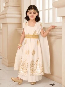 SHEIN 2 Pieces/Set Of Young Girls Abaya, Kaftan, Jalabiya Waist Cinching Dresses+Detachable Waistband, Plain Maxi Robe, Lined Dress, Elegant And Fashionable - Multicolor - View 3