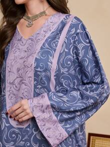 Al Najma 2025 年春季新款印花花卉长袖宽松宽下摆长款开衫 - 紫色 - 查看 4