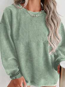 INAWLY 女士加大码纯色圆领落肩长袖休闲卫衣，秋冬季毕业季、返校季、毕业典礼、教师节女装、返校季套头衫 - 綠色 - 查看 1