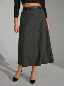 EURMUSE Women's Patterned Belted Long Wool Grey Skirt