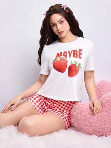 ROMWE Kawaii Strawberry Plaid Print Short Sleeve & Shorts Casual Pajama Set