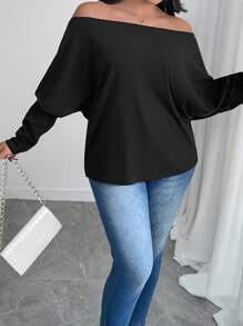 SHEIN EZwear Plus Size Slouchy Asymmetric Neck Ruched Loose T-Shirt - Black - View 6