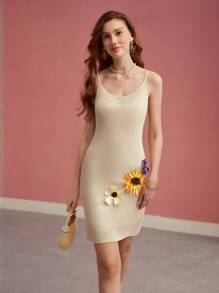 MOTF PREMIUM FLORAL PATCHED CAMI SWEATER DRESS,VALENTINE'S DAY OUTFIT,SPRING/SUMMER - Khaki - View 3