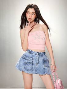 SHEIN EZwear 1 件女式牛仔迷你裙，休闲修身荷叶边下摆裙，蓝色 - 藍色 - 查看 4