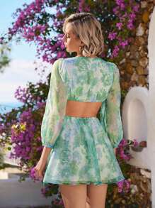 Vivid Eden Đầm Cắt ra Dây kéo Hoa Tất cả trên in Boho - màu xanh lá - Xem 2