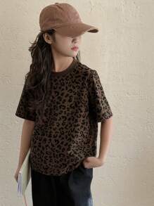 Dazy Kids Tween Girls Leopard Print Full Graphic Round Neck T-Shirt, Summer