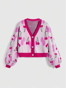 ROMWE Kawaii Cárdigan colorblock ligero con estampado de cerezas lindo y cuello en V casual para mujeres, estilo vintage de San Valentín