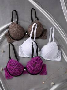 Set de 3 piezas Sujetador romántico y minimalista con encaje, push up y ajustable para mujeres