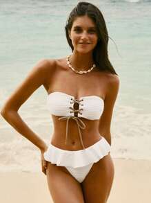 Swim Mod Damskie jednokolorowe bandeau z falbaniastym brzegiem bikini na lato