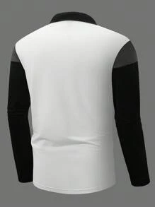 Manfinity Homme Plus Size Men's Solid Color Contrast Placket Long Sleeve Polo Shirt - Black - View 2