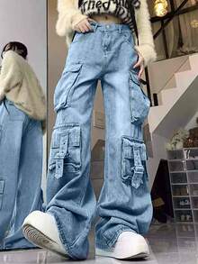 Pantalones rectos de pierna ancha con bolsillos anchos y pesados para mujer - Lavado ligero - Ver 5
