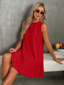 SHEIN Essnce Boho Dress Baby Blue Dress Linen Women's Striped Round Neck Sleeveless Casual Mini Dress - Red - View 5