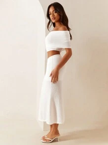Athîral Women Knit Off Shoulder Crop Top And Long Bodycon Skirt 2 Pieces Outfit, Solid White Color, Stylish Valentine
