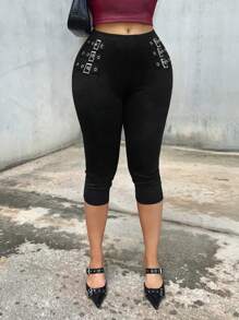 SHEIN SXY Quần lửng nữ dáng ôm, kiểu dáng thường ngày, có lỗ xỏ dây và khóa cài, màu đen, quần legging nữ. - màu đen - Xem 1