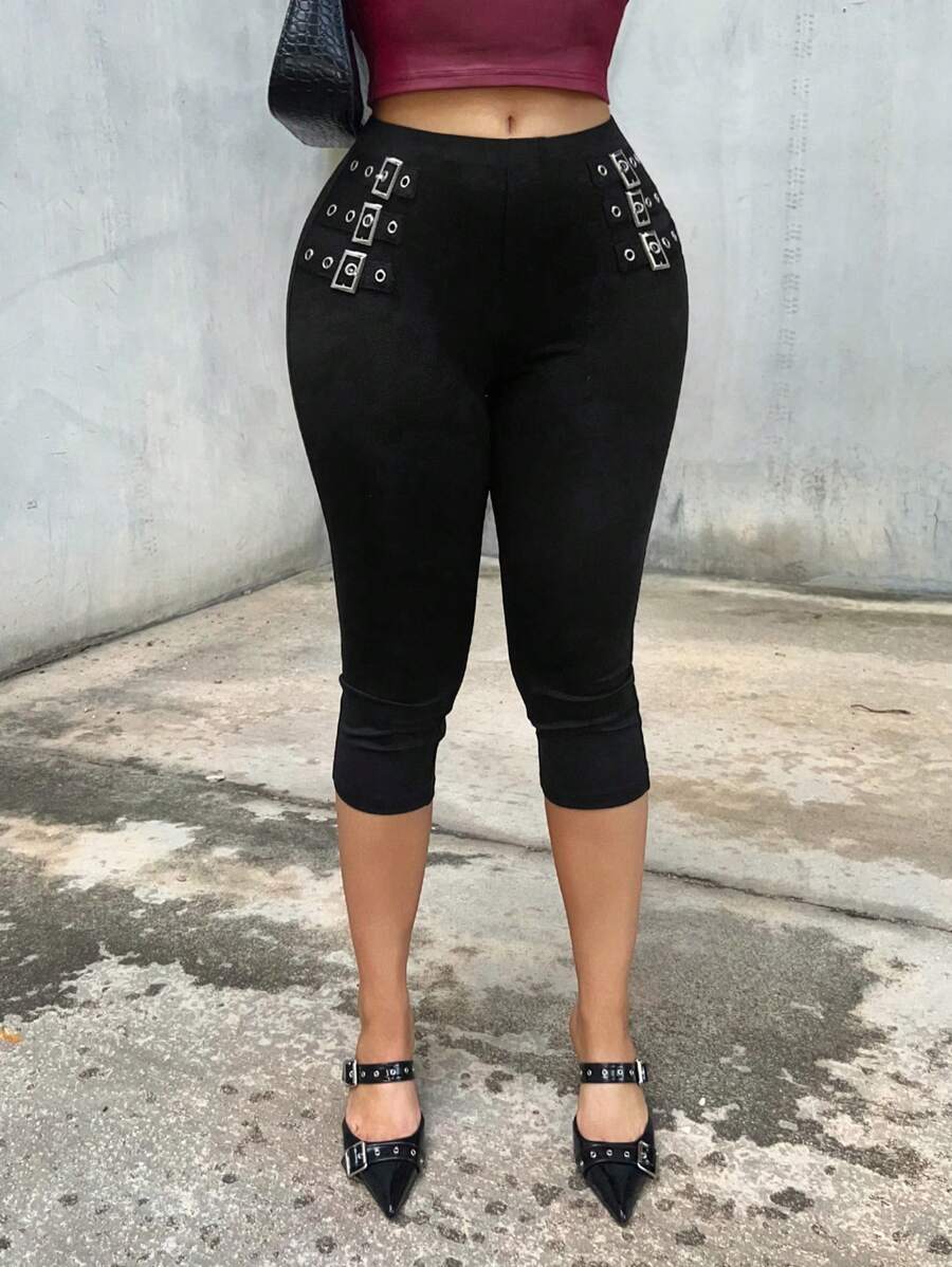 SHEIN SXY Quần lửng nữ dáng ôm, kiểu dáng thường ngày, có lỗ xỏ dây và khóa cài, màu đen, quần legging nữ. - màu đen - Xem 1