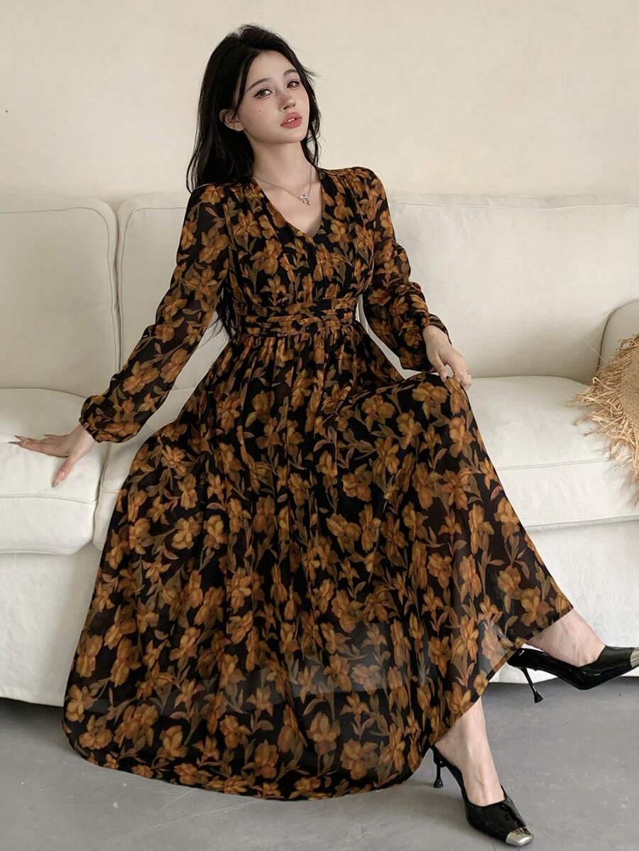 DAZY 女士花卉印花 A 字腰收腰度假连衣裙，适合情人节、春秋季长袖连衣裙 - 黃色 - 查看 1