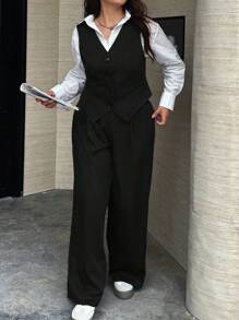 Calvaya 大码女士休闲工作服套装，包括背心和裤子，简约时尚，适合日常穿着 - 黑色 - 查看 1
