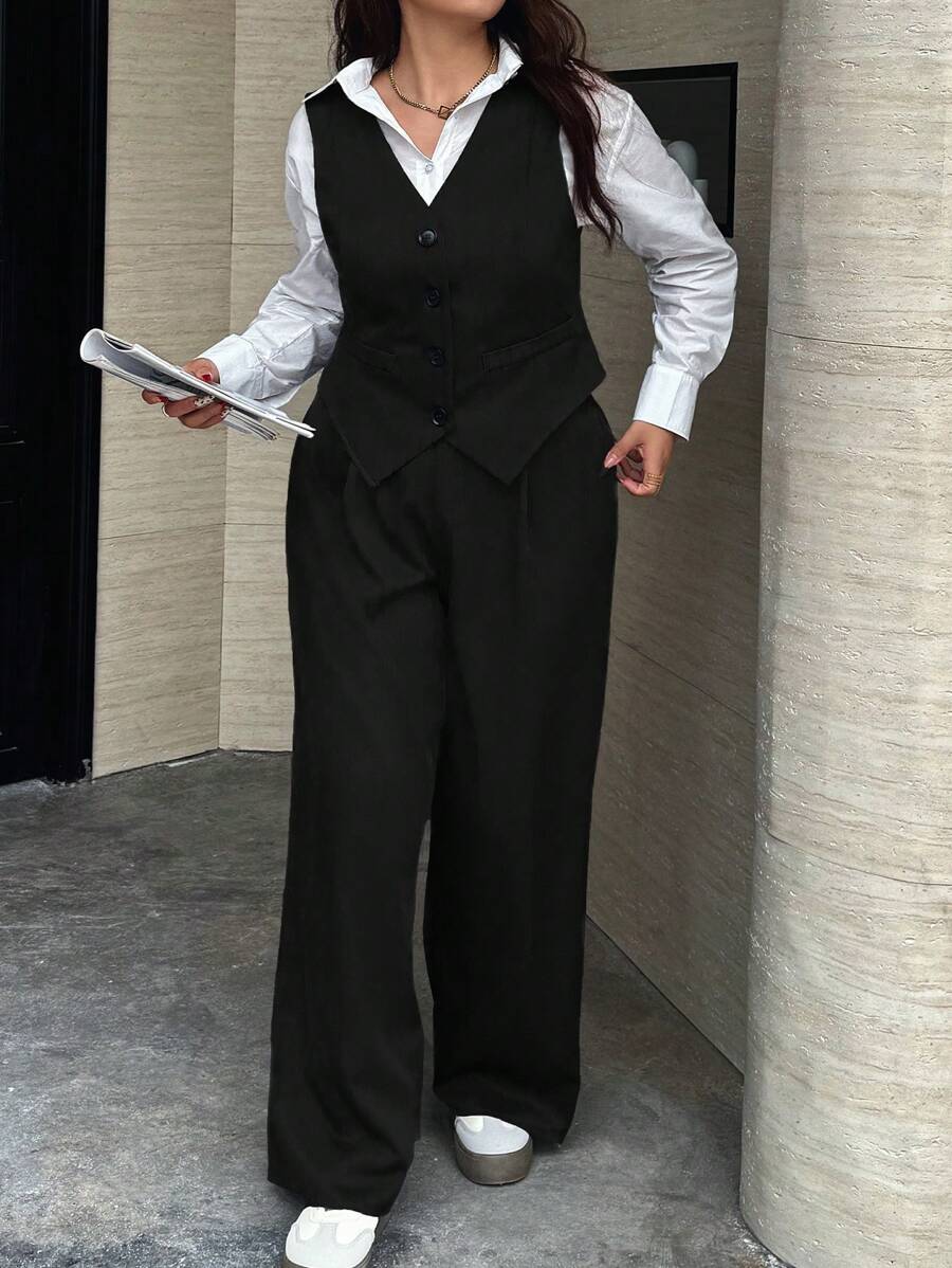 Calvaya 大码女士休闲工作服套装，包括背心和裤子，简约时尚，适合日常穿着 - 黑色 - 查看 1