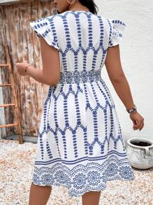 Breezaya Plus Size Boho Ruffle Sleeve Floral Embroidery Simple Casual Everyday Dress, For Summer - Blue - View 2