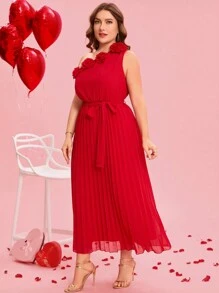 SHEIN Clasi Plus Size Elegant Solid Color One Shoulder Floral Decor Pleated Hem Dress, Suitable For Valentine's Day