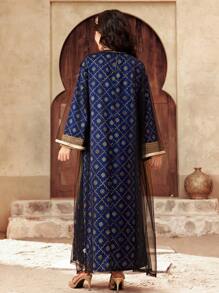 SHEIN Teen Girl Black & Gold Elegant Luxury Long Dress With Gold Ribbon & Mesh Cardigan 2 Pieces Set - Black - View 2