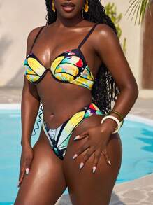 Slaydiva Conjunto de bikini con parte superior y Bottom de unicolor con efecto parchwork para mujer, traje de baño para verano y vacaciones en la playa - Multicolor - Ver 4