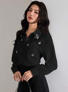 Heiryn Blusa elegante de mujer decorada con rhinestones para otoño