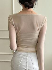 DAZY Valentine's Day Layered Ruched Mesh Women T-Shirt
