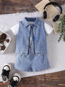 SHEIN 2 Stücke Baby Jungen Sets, Frühling & Herbst Denim 3-teiliger Outfit - Modische Weste mit Kragen, weißes Kurzarm T-Shirt und Shorts. Geeignet für Outdoor-Spiel, lässige Freizeitkleidung, Urlaub, Geburtstagsfeiern und Familienzusammenkünfte. Bequemer, strapazierfähiger Kleinkind und Unisex Sommer Outfit