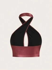 SHEIN ICON 纯色交叉 PU 皮革吊带黑色上衣 - 酒紅色 - 查看 2