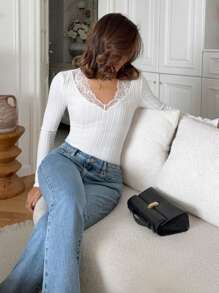 SHEIN Frenchy Contrast Lace Trimmed Trim Ribbed Knit V Neck Tights Bodysuit Winter White - White - View 5