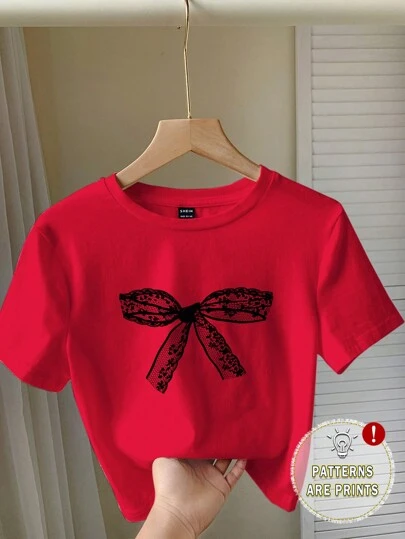 Comfortcana Casual Minimalist Bow Decor Round Neck Short Sleeve Fitted Cropped Women T-Shirt, Suitable For Summer (Contains 34% Cotton) Suitable For Going Out