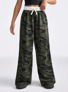 SHEIN Tween Girl Camouflage Drawstring Waist Colorblock Long Sleeve Sweatpants