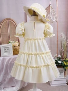 Vestido de princesa de manga abullonada y cuello redondo con decoración floral 3D multicapa, para uso casual de verano para niñas - Amarillo - Ver 2