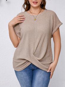SHEIN Clasi Women Plus Size Summer Solid Color Crew Neck Batwing Sleeve Knot Hem Waffle Casual T-Shirt