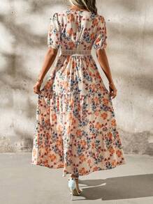 SHEIN Clasi Women's Elegant Floral Print V-Neck Splicing Hollow-Out Lace Ruffle Hem A-Line Waist-Cinched Long Dress
