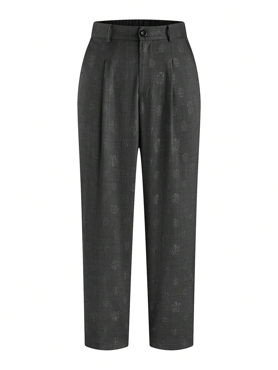 SHEIN Privé Celana Panjang Wanita Ukuran Plus dengan Motif Timbul 3D, Potongan Meruncing, Model Pendek, Kasual, untuk Kerja, Pesta, dan Musim Gugur. - Dark Grey - View 1