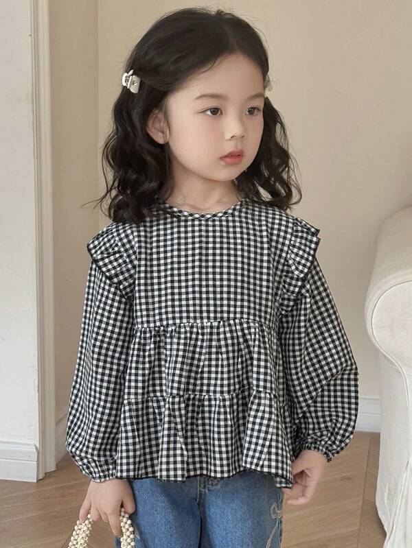 DAZY Girl's Round Neck Plaid Long Sleeve Woven Shirt (Kid Size)