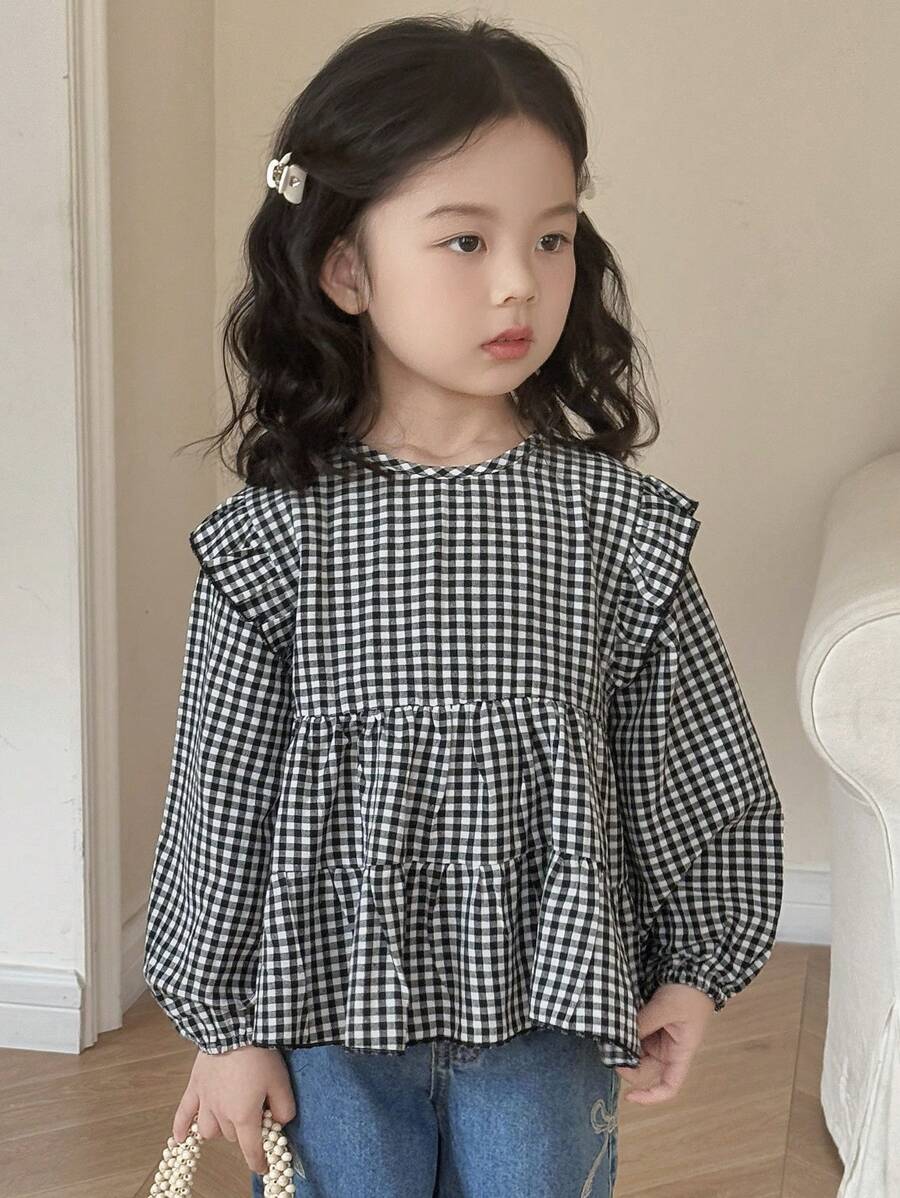 DAZY 女童圆领格子长袖梭织衬衫（儿童尺码） - 黑與白 - 查看 1