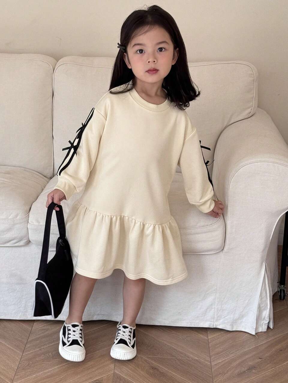 Young Girl's Round Neck Dropped Shoulder Long Sleeve Side Stripe Bow Detail Ruffle Hem Dress, Autumn