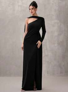 SHEIN Belle Women's Solid Color Asymmetrical Neck Long Sleeve Maxi Elegant Evening Gown, Black Formal Dress, Wedding Guest Dress, Party Dress