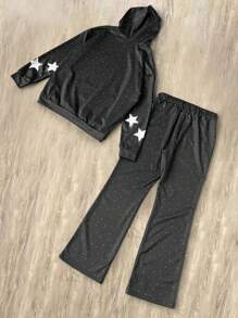 Manfinity EMRG 男士字母和五角星印花长袖连帽衫和运动裤休闲运动服套装 - 黑色 - 查看 2