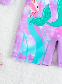 SHEIN GraphicGems 女宝宝卡通美人鱼印花圆领插肩袖长袖休闲连体泳衣 - 彩色 - 查看 5