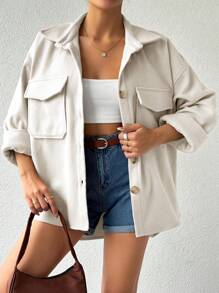 Flap Pocket Drop Shoulder Overcoat - Apricot - View 4