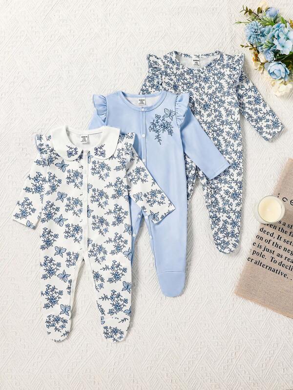 3pcs Baby Girl Floral & Butterfly Embroidered Collar Footed Romper Set, Soft Light Blue