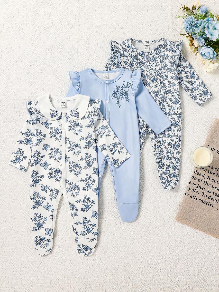 3pcs Baby Girl Floral & Butterfly Embroidered Collar Footed Romper Set, Soft Light Blue - Baby Blue - View 1