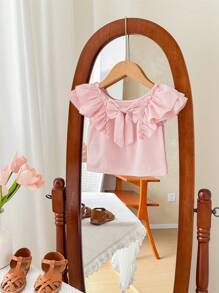 SHEIN LMoss Kids Baby Girl LMoss Summer Vacation Cute Solid Color Ruffle Trim Blouse