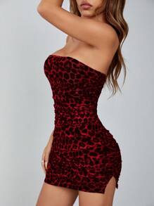 SHEIN PETITE Leopard Mesh Print Women's Strapless Party Dress