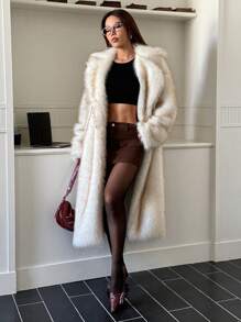 Muchica Women Lapel Neck Open Front Fluffy Coats In Fall/Winter - White - View 6